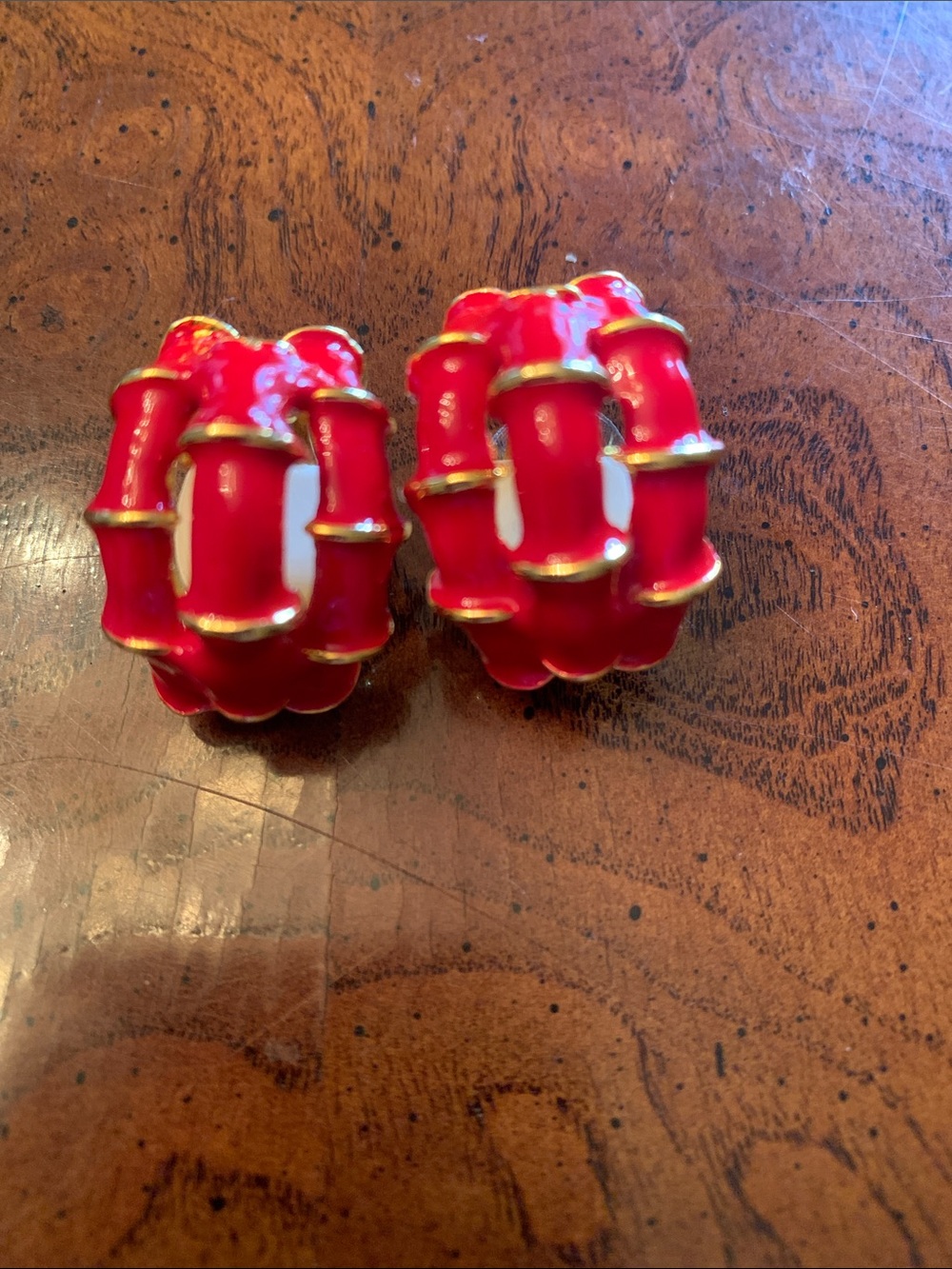 Red Bamboo Enamel Hoop Clip-On Earrings with Gold Trim